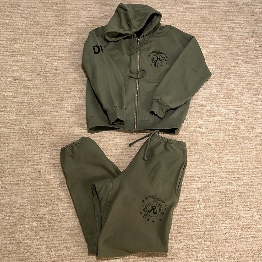 Richardson New York DI Army Green Sweatsuit Zip Up Hoodie Sweatpants